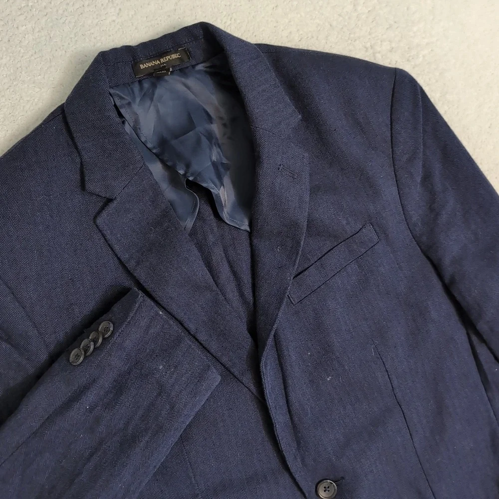 BANANA REPUBLIC Linen Blend Blazer Men's 42L Blue Solid Harringbone Slim Fit‎